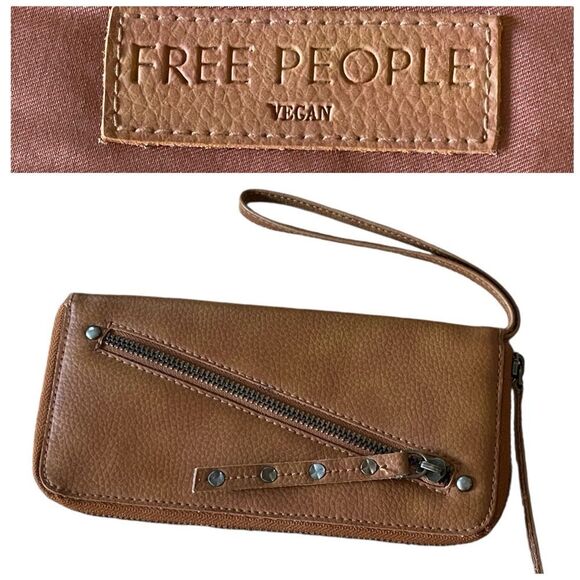 Free People Distressed Vegan Leather Wristlet Wallet Brown Tan - Picture 1 of 10